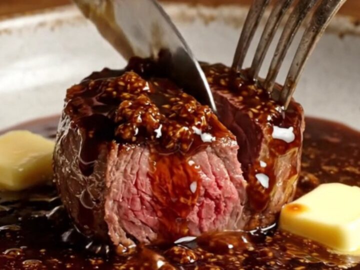 Filet mignon medallions topped with jammy figs and a dark, glossy balsamic reduction in a copper skillet.