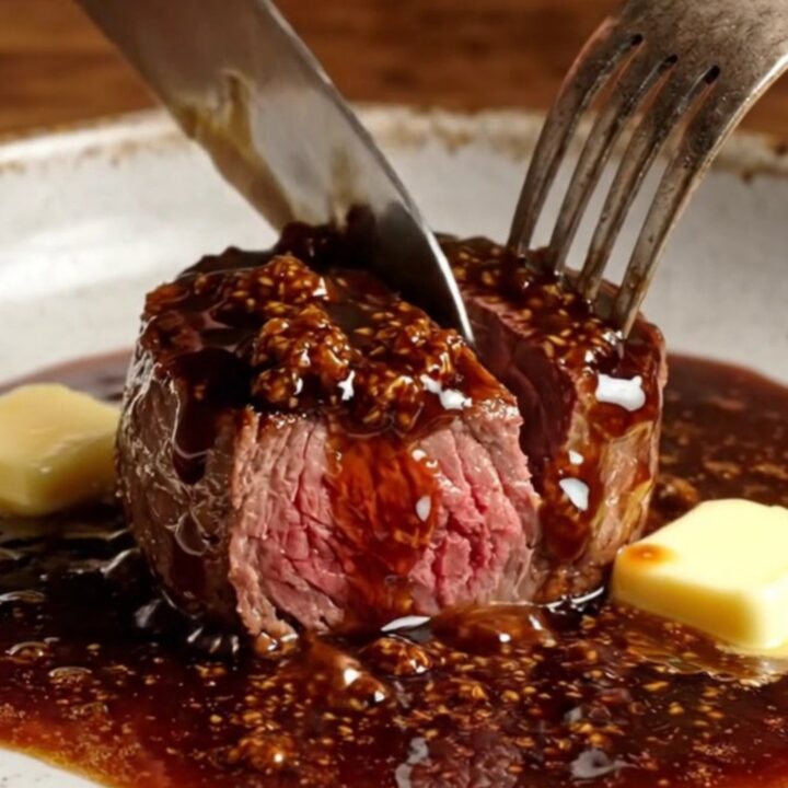 Filet mignon medallions topped with jammy figs and a dark, glossy balsamic reduction in a copper skillet.