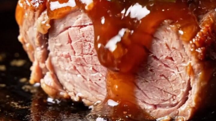 A close-up view of sticky, caramelized Char Siu pork medallions with a deep ruby-red glaze and charred edges.