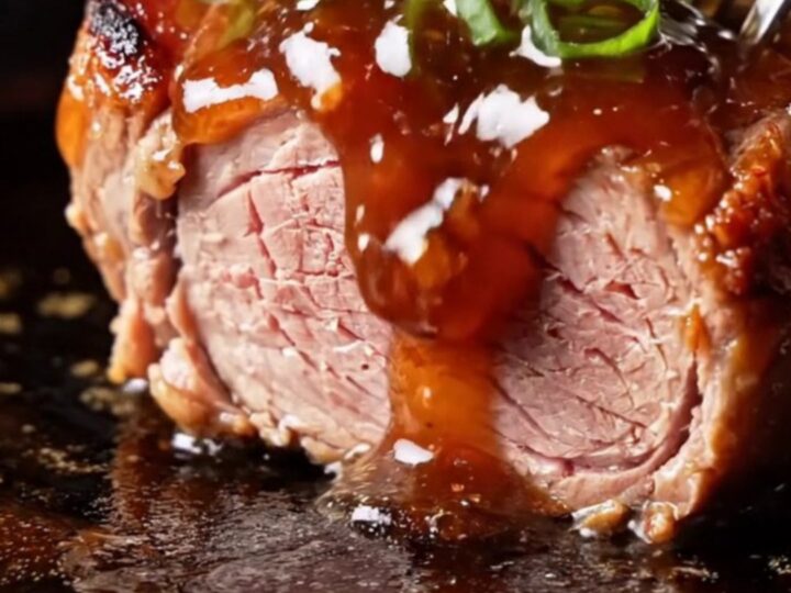 A close-up view of sticky, caramelized Char Siu pork medallions with a deep ruby-red glaze and charred edges.