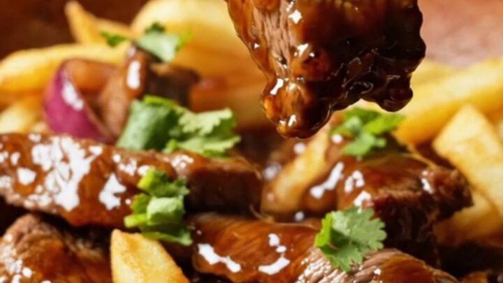 A vibrant plate of Peruvian lomo saltado featuring charred beef strips, blistered onions, and golden fries.