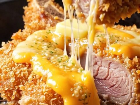 A crispy, golden brown bone-in pork chop topped with bubbling, torched sharp cheddar and garlic butter.