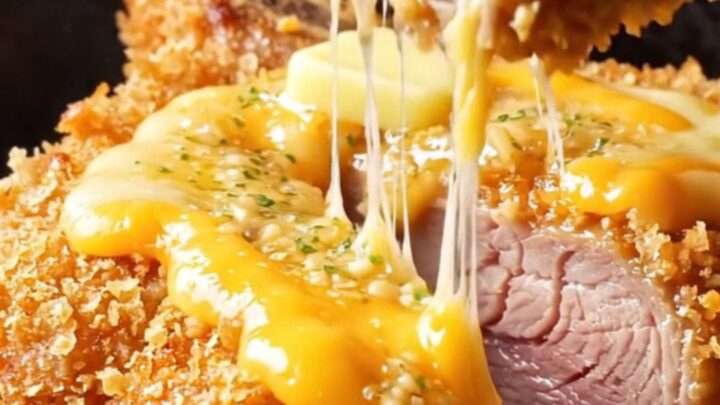 A crispy, golden brown bone-in pork chop topped with bubbling, torched sharp cheddar and garlic butter.