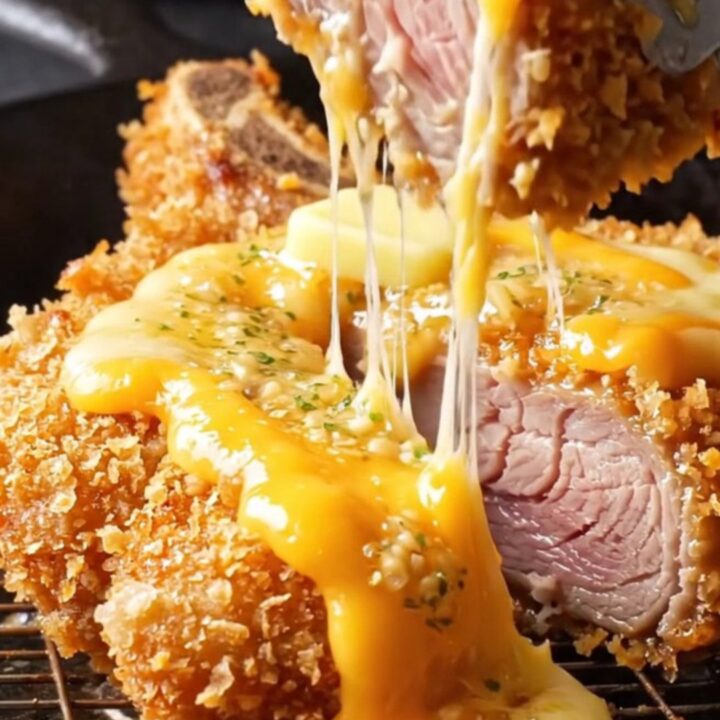 A crispy, golden brown bone-in pork chop topped with bubbling, torched sharp cheddar and garlic butter.
