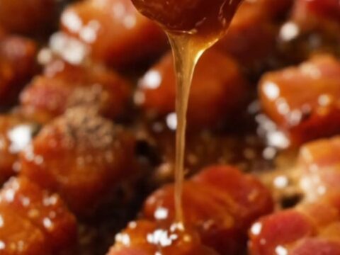 A close-up of crispy, golden-brown bourbon brown sugar bacon bites skewered with cocktail picks on a dark rustic plate.