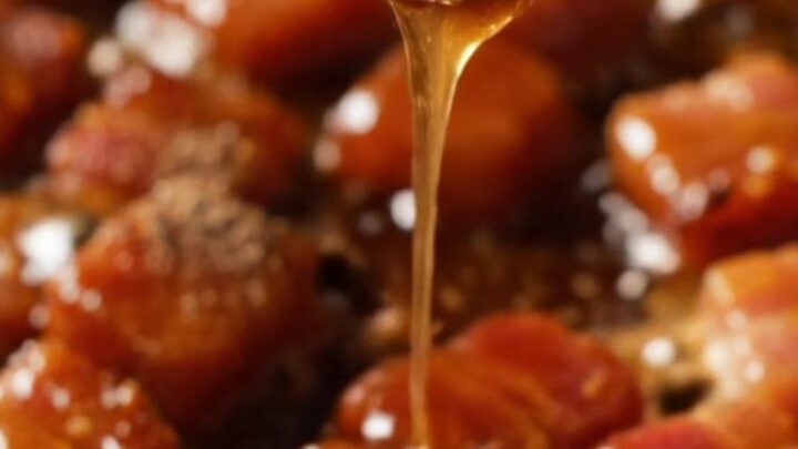 A close-up of crispy, golden-brown bourbon brown sugar bacon bites skewered with cocktail picks on a dark rustic plate.