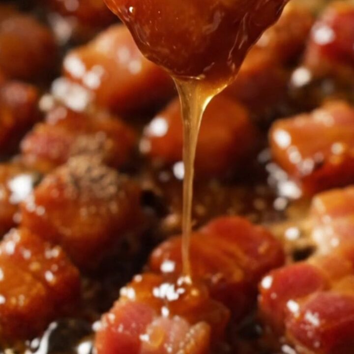 A close-up of crispy, golden-brown bourbon brown sugar bacon bites skewered with cocktail picks on a dark rustic plate.