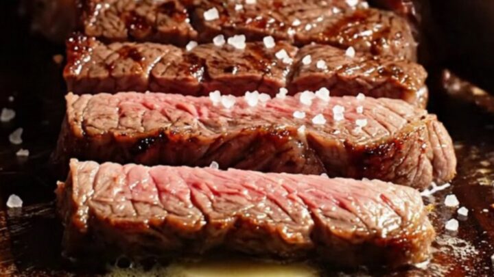 A close-up of a perfectly seared New York Strip steak with a dark coffee-chili crust and melting bone marrow butter.