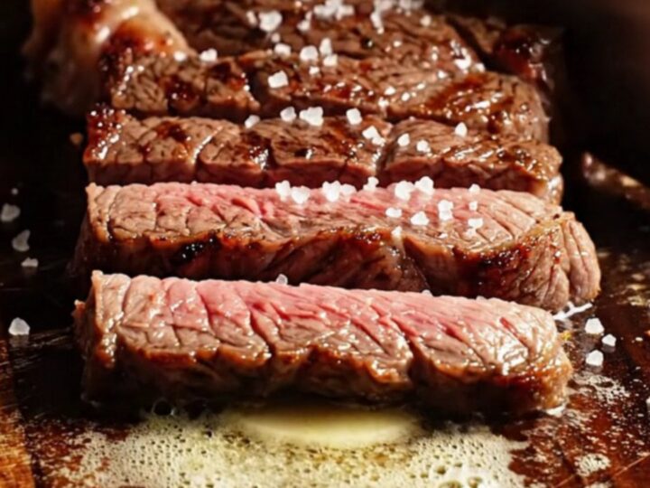 A close-up of a perfectly seared New York Strip steak with a dark coffee-chili crust and melting bone marrow butter.
