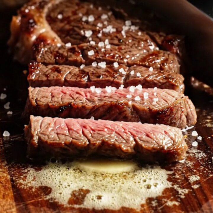 A close-up of a perfectly seared New York Strip steak with a dark coffee-chili crust and melting bone marrow butter.