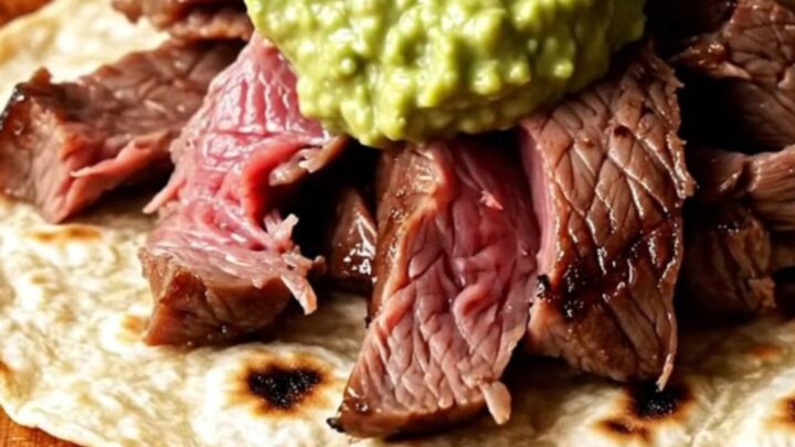 A close-up view of sizzling skirt steak strips with charred bell peppers and onions in a hot cast-iron skillet.