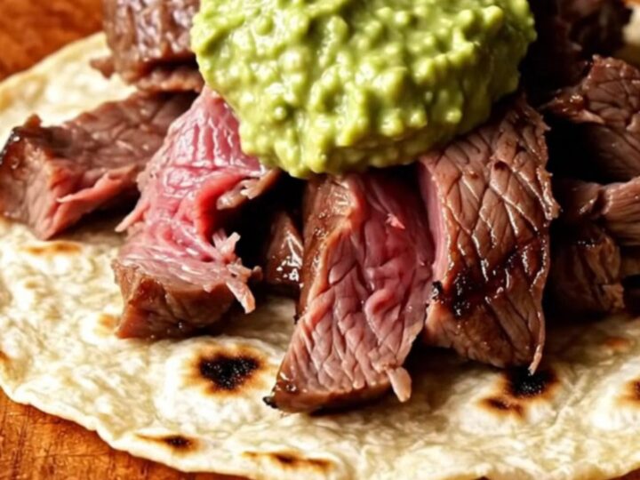 A close-up view of sizzling skirt steak strips with charred bell peppers and onions in a hot cast-iron skillet.