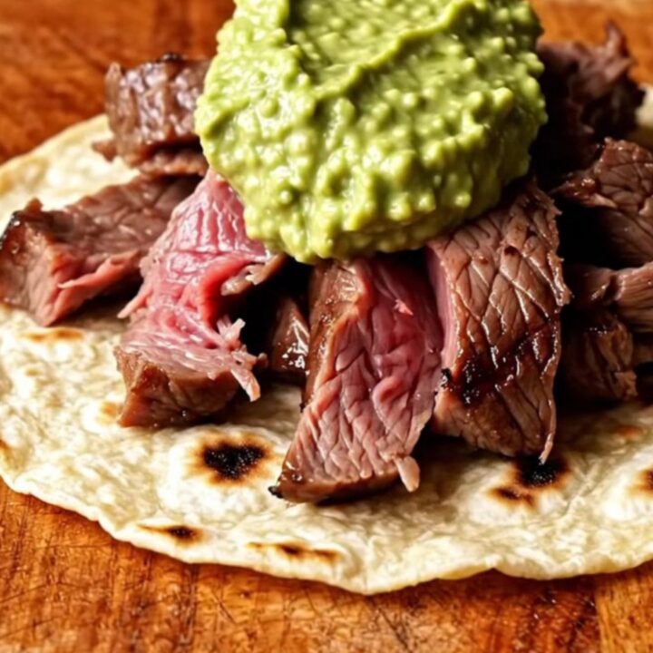 A close-up view of sizzling skirt steak strips with charred bell peppers and onions in a hot cast-iron skillet.