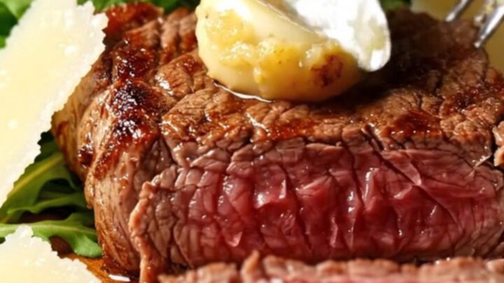 A close-up of sliced medium-rare bavette steak topped with soft garlic cloves and parmesan.