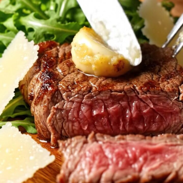 A close-up of sliced medium-rare bavette steak topped with soft garlic cloves and parmesan.