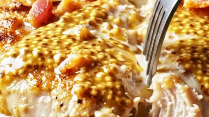 A close-up of a golden-seared chicken breast cutlet coated in a creamy honey mustard sauce with crispy bacon.