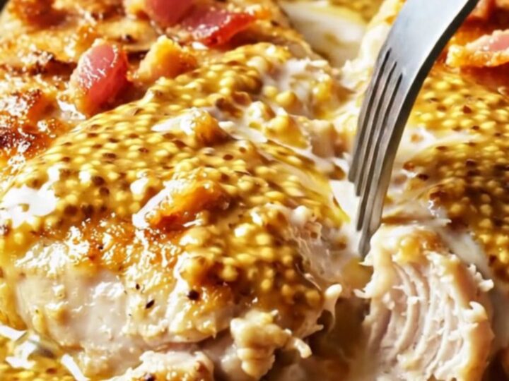 A close-up of a golden-seared chicken breast cutlet coated in a creamy honey mustard sauce with crispy bacon.