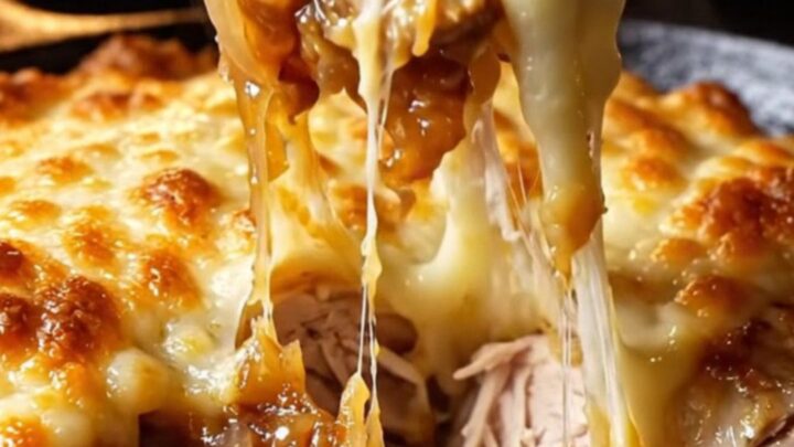 A golden-brown chicken breast in a cast-iron skillet topped with melted, bubbling Gruyère cheese and jammy onions.