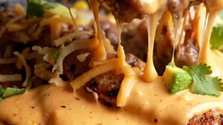 A cast iron skillet filled with blackened chicken strips, black beans, corn, and melted cheese
