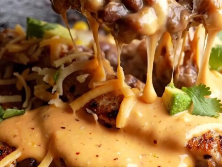 A cast iron skillet filled with blackened chicken strips, black beans, corn, and melted cheese