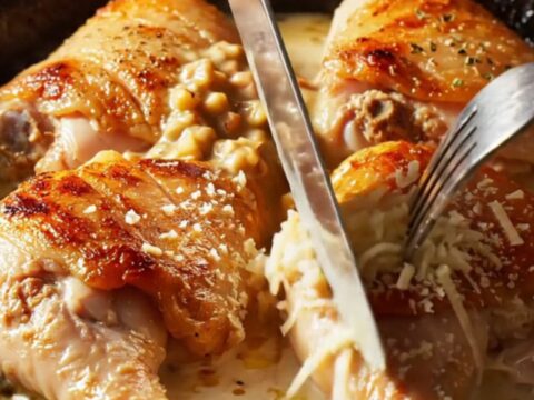 A close-up of crispy skin chicken thighs in a cast-iron skillet with creamy tomato sauce.
