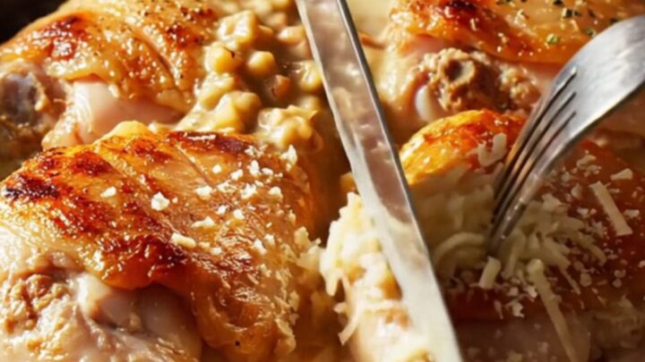 A close-up of crispy skin chicken thighs in a cast-iron skillet with creamy tomato sauce.