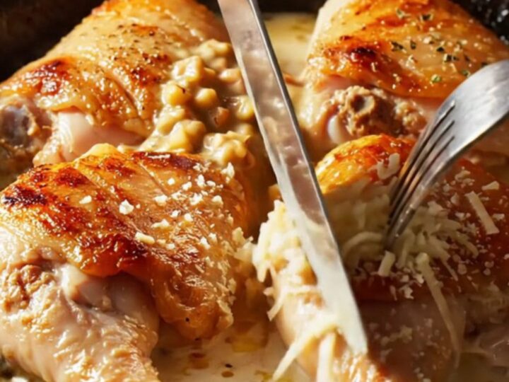 A close-up of crispy skin chicken thighs in a cast-iron skillet with creamy tomato sauce.