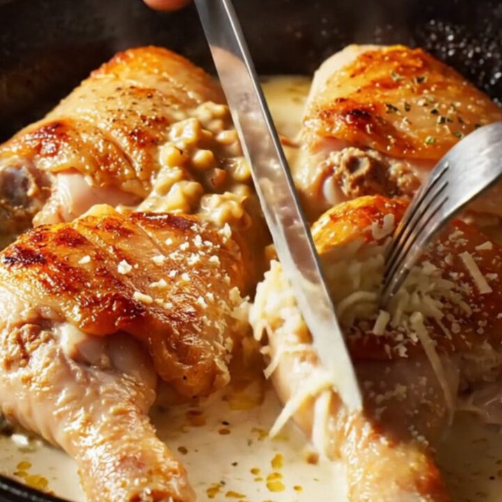 A close-up of crispy skin chicken thighs in a cast-iron skillet with creamy tomato sauce.