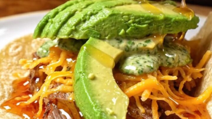 A close-up shot of a chipotle honey flank steak taco with a golden crispy Oaxaca cheese crust.