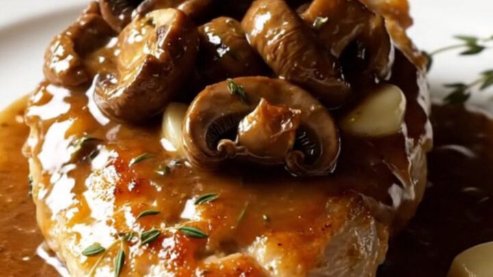 Golden pan-seared chicken cutlets topped with a rich, dark amber Marsala mushroom cream sauce.