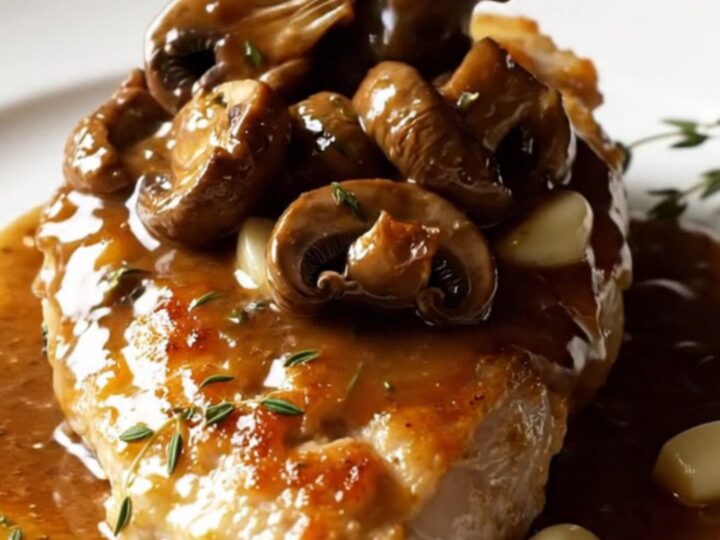 Golden pan-seared chicken cutlets topped with a rich, dark amber Marsala mushroom cream sauce.