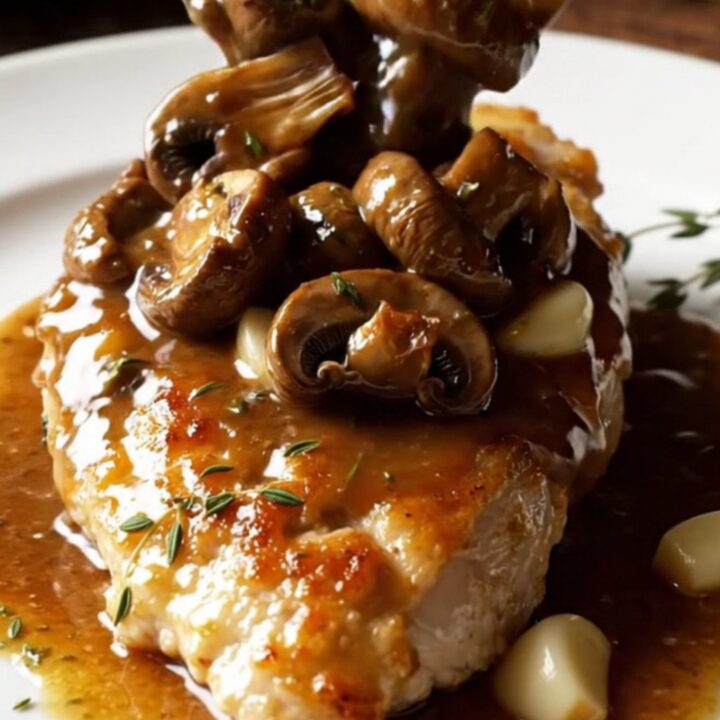 Golden pan-seared chicken cutlets topped with a rich, dark amber Marsala mushroom cream sauce.