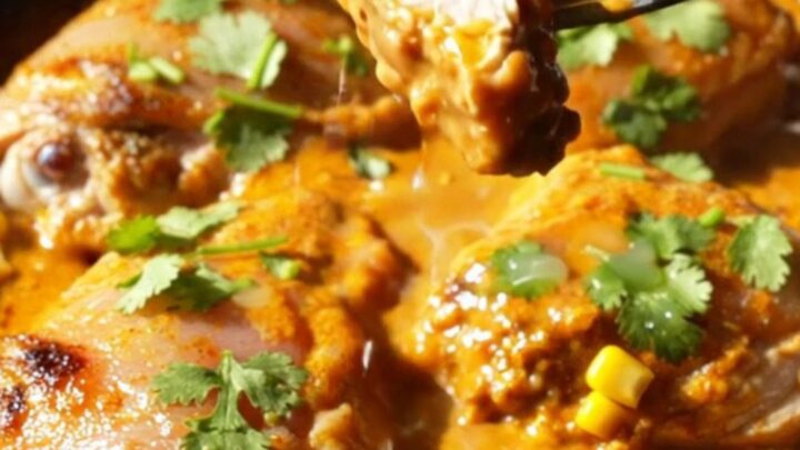 A cast iron skillet filled with crispy golden-brown chicken thighs, charred corn