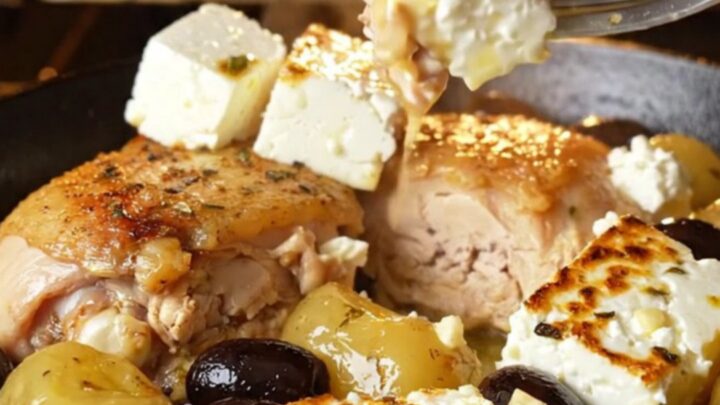 A cast-iron skillet filled with roasted golden chicken thighs, baby potatoes, Kalamata olives, and blistered feta.