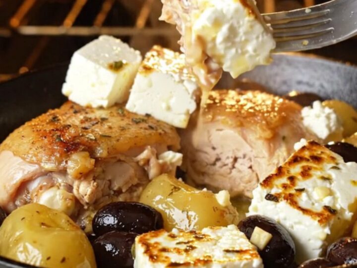 A cast-iron skillet filled with roasted golden chicken thighs, baby potatoes, Kalamata olives, and blistered feta.