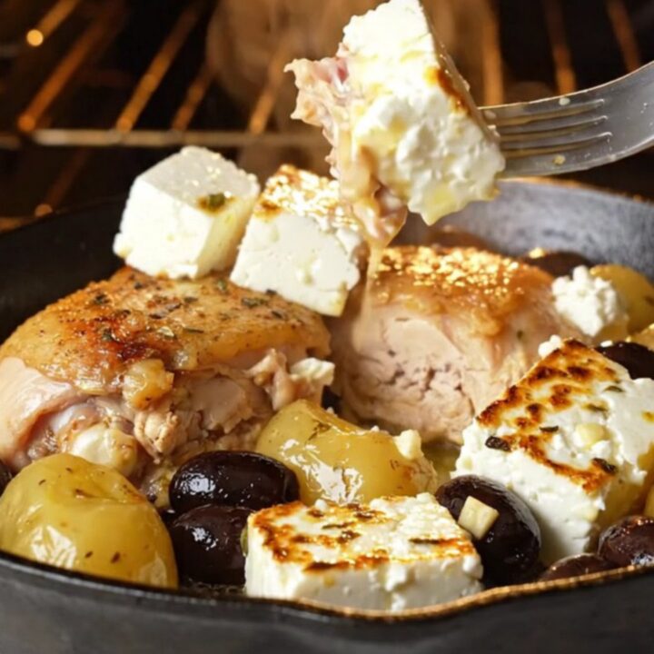 A cast-iron skillet filled with roasted golden chicken thighs, baby potatoes, Kalamata olives, and blistered feta.