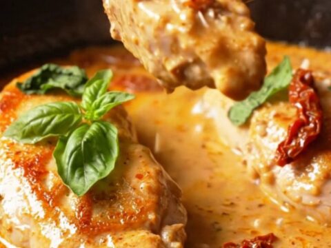 A close-up of golden-seared chicken breast cutlets in a rich, velvety red-pepper and parmesan cream sauce in a cast-iron pan.