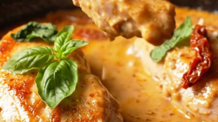A close-up of golden-seared chicken breast cutlets in a rich, velvety red-pepper and parmesan cream sauce in a cast-iron pan.