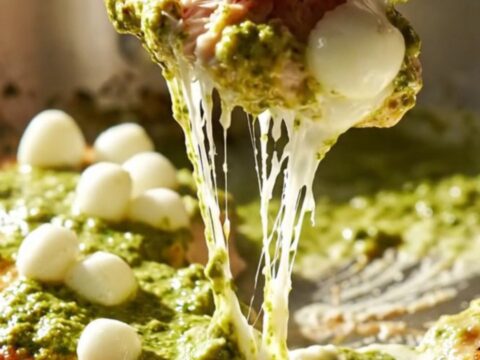 Golden seared chicken cutlets in a vibrant green pesto cream sauce with blistered tomatoes.