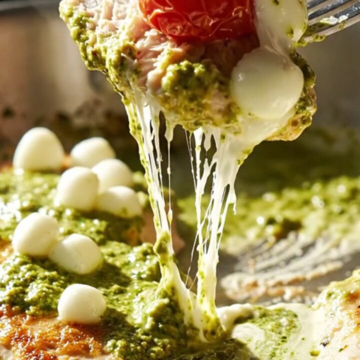 Golden seared chicken cutlets in a vibrant green pesto cream sauce with blistered tomatoes.