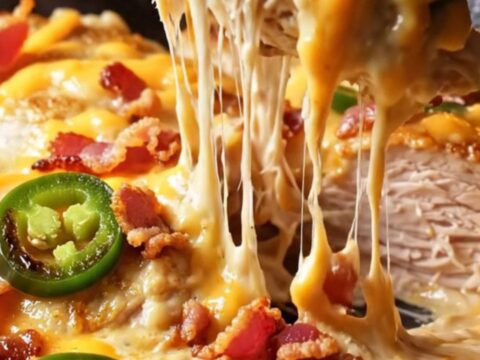 Golden seared chicken breasts smothered in a creamy jalapeño and sharp cheddar sauce with crispy bacon.