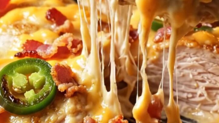 Golden seared chicken breasts smothered in a creamy jalapeño and sharp cheddar sauce with crispy bacon.