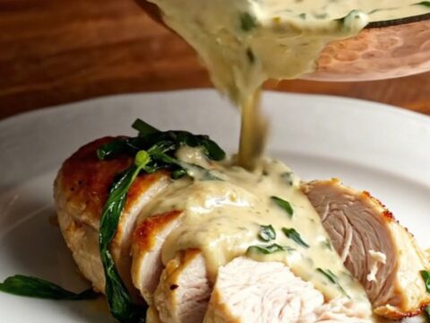 Golden seared chicken breast supremes covered in a creamy ivory tarragon mustard sauce in a copper skillet.