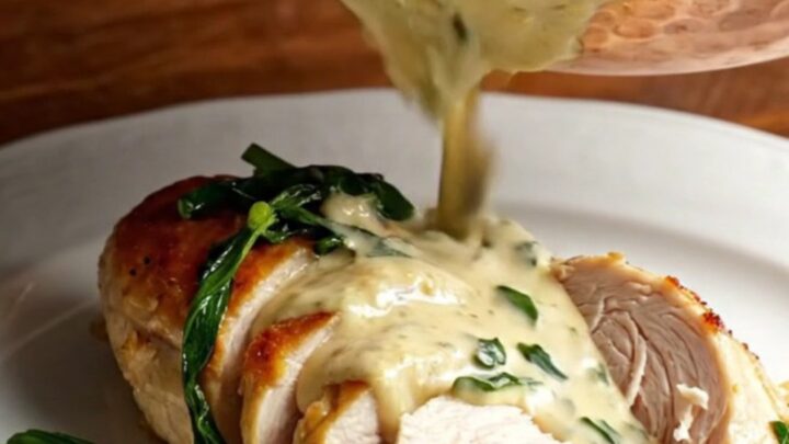 Golden seared chicken breast supremes covered in a creamy ivory tarragon mustard sauce in a copper skillet.