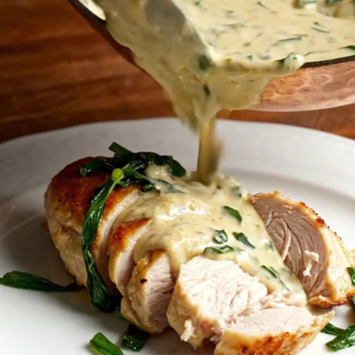 Golden seared chicken breast supremes covered in a creamy ivory tarragon mustard sauce in a copper skillet.