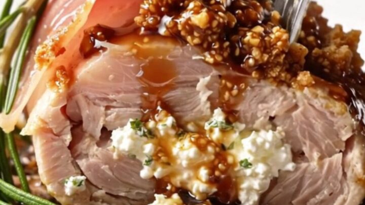 A perfectly seared prosciutto-wrapped chicken breast drizzled with glossy fig balsamic sauce.