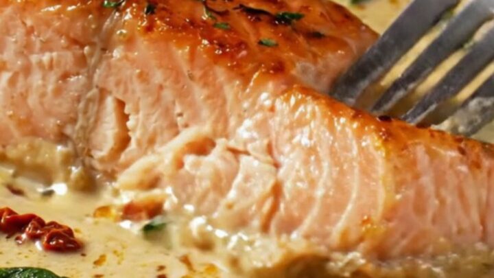 A close-up of crispy skin salmon fillets served in a creamy sun-dried tomato and spinach sauce.