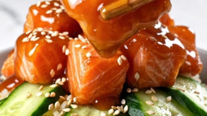 Crispy golden-brown salmon bites glazed in a creamy spicy Bang Bang sauce, served over jasmine rice.