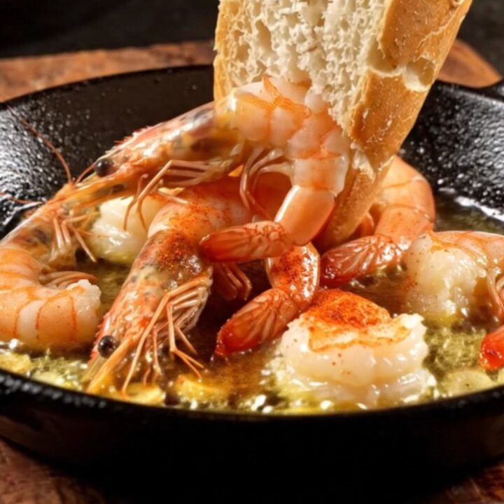 A rustic cazuela filled with sizzling garlic shrimp, vibrant red guindilla chilies, and golden olive oil.