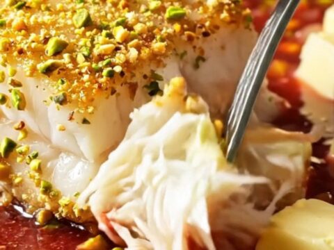A close-up of a pistachio-crusted halibut fillet served with a rich, velvety blood orange butter sauce.